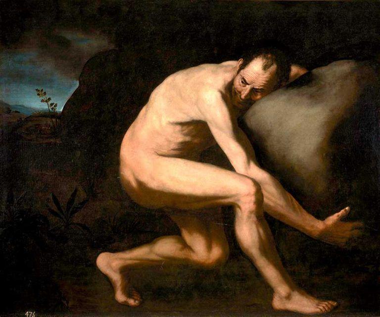 Pintura Sísifo, de José de Ribera. Un hombre condenado a cargar una enorme piedra