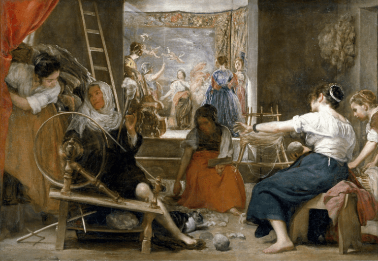 En esta obra de Velázquez podemos ver un escenario lleno de mujeres en el que se está representando la fábula de Aracne, del autor Ovidio. La perspectiva del cuadro nos permite ver un escenario al frente y otro más alejado al fondo. En ambos se están representando momentos de la fábula.