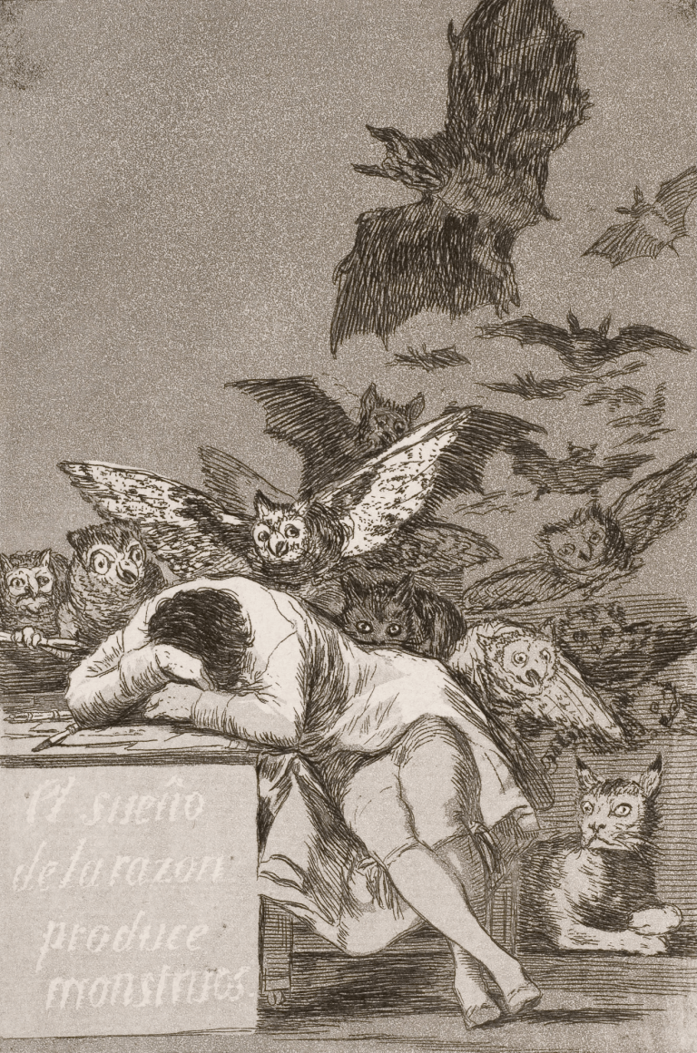 En esta obra de Goya una persona está recostada sobre su mesa durmiendo. A su al rededor vuelan monstruos, lechuzas y murciélagos. En la mesa se ven las palabras "el sueño de la razón produce monstruos"