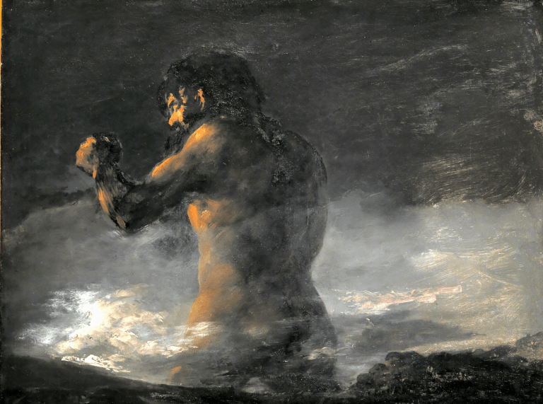 Obra de Goya en la que se observa un titán en pose de lucha caminando entre montañas. En el suelo docenas de personas a caballo huyen dejando un pueblo atrás