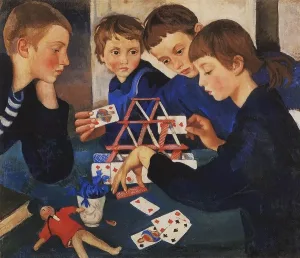 Castillo de naipes retrato del artista zinaida serebriakova de Rusia. Cuatro niños jugando con un castillo de naipes